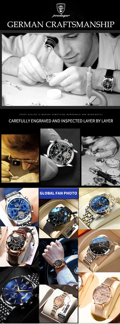POEDAGAR Original Man Wristwatch Top Luxury Waterproof Luminous Date Week Watch For Men Quartz Sport Leather Men's Watches Reloj