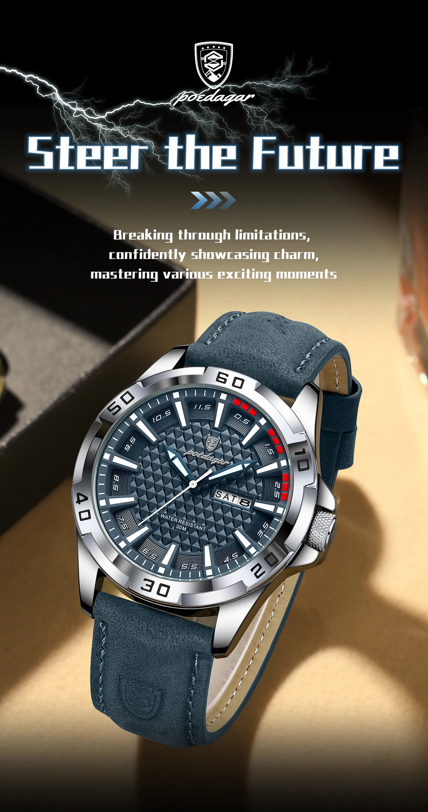 POEDAGAR Original Man Wristwatch Top Luxury Waterproof Luminous Date Week Watch For Men Quartz Sport Leather Men's Watches Reloj